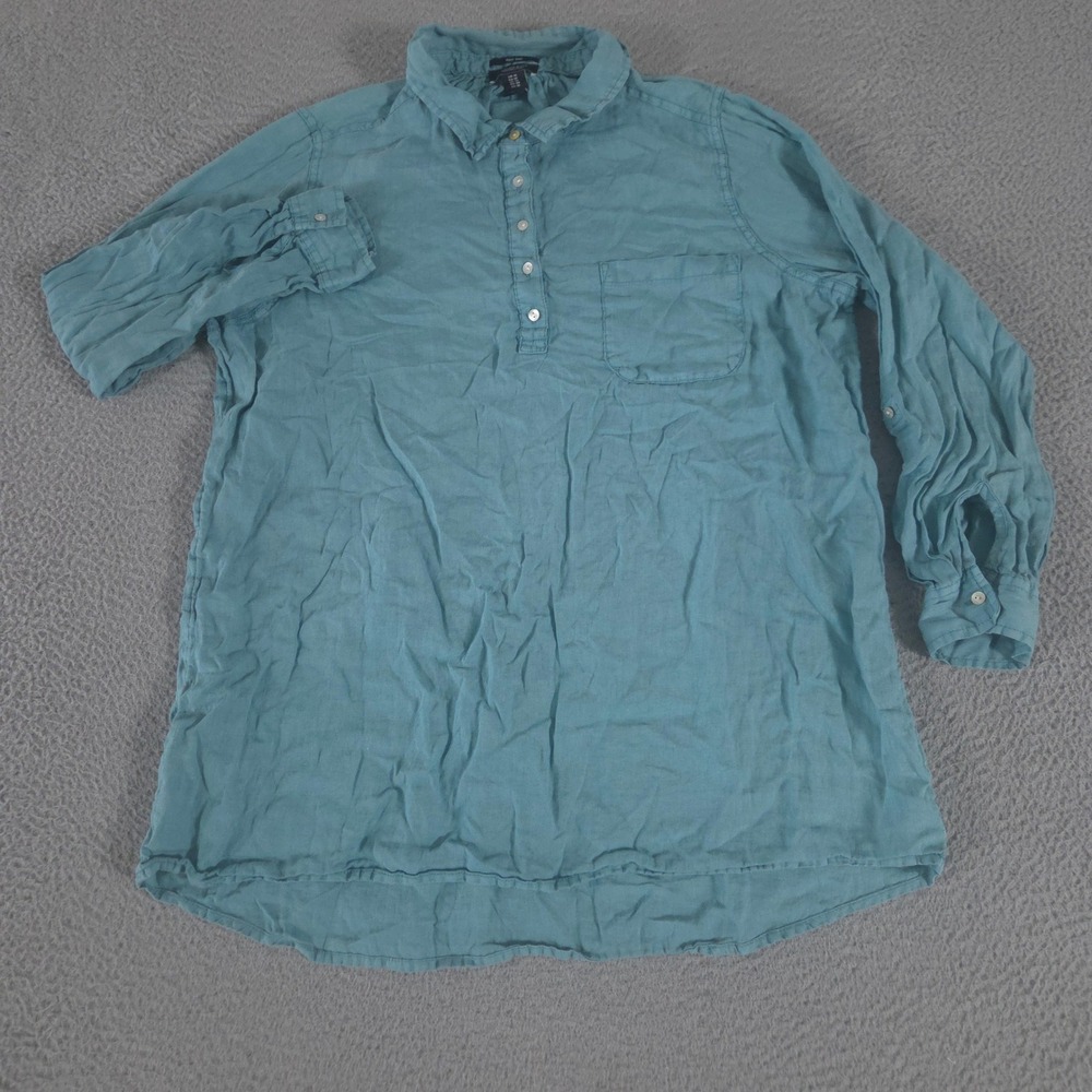 Jones New York Top Womens 1X Teal Henley Pullover Tunic Linen Roll Tab Sleeve